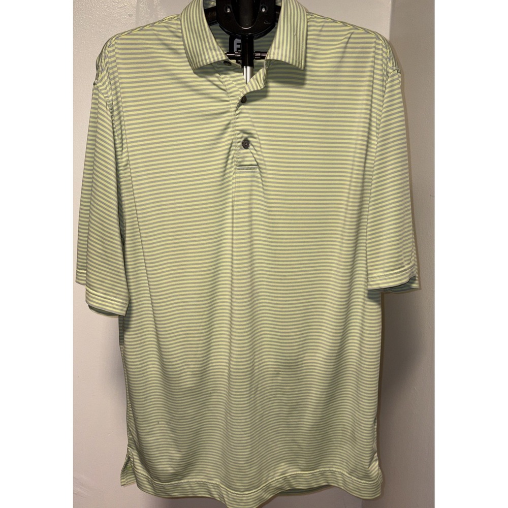 Footjoy Polo Shirt Mens Large Green/Gray Striped Stretch Short Sleeve Golf